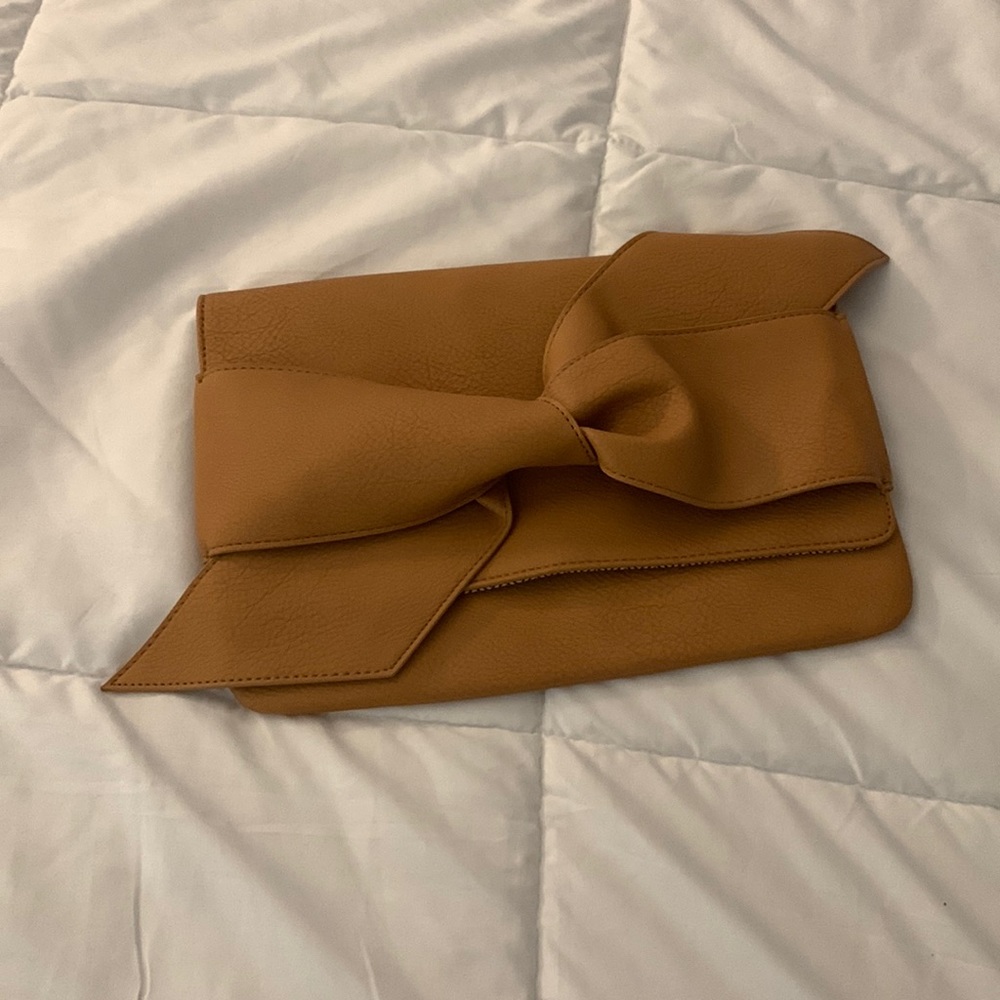 JustFab Bow Front Clutch, Camel